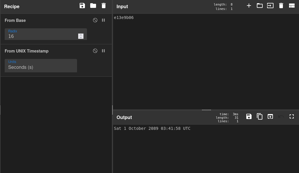 CyberChef From Base + UNIX Timestamp to Date reproducing the compiler timestamp