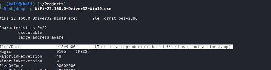 objdump -p output showing PE header TimeDateStamp field