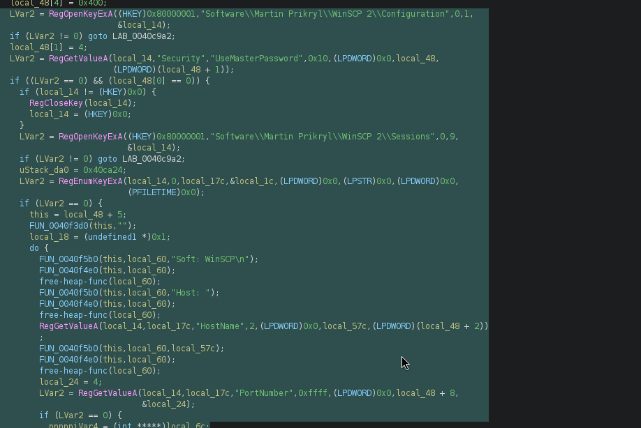 Ghidra decompilation of 0x0040c8c0 showing the WinSCP Configuration and Sessions registry keys and extracted session fields