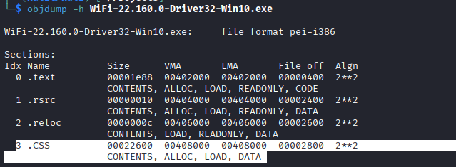 objdump -h output showing the .CSS section