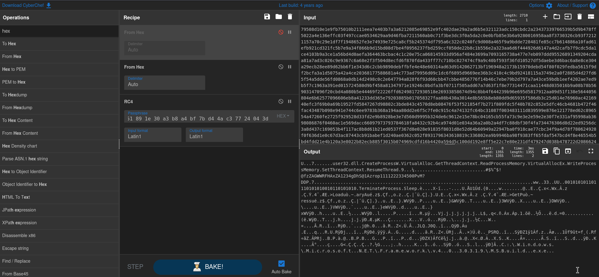CyberChef RC4 decrypt reproducing the API import string table