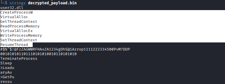 WinAPI import strings extracted from the decrypted payload