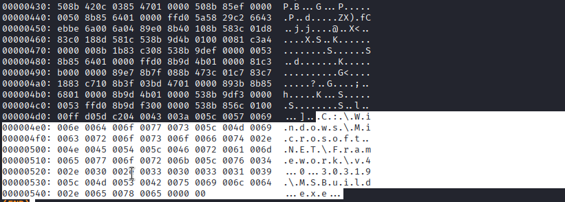 xxd output showing the UTF-16LE MSBuild.exe injection path