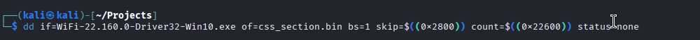 dd carving the raw .CSS section bytes out of the original sample