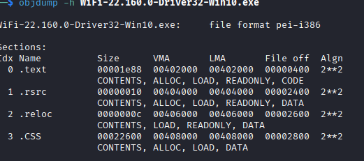 objdump -h showing the .CSS section size and file offset