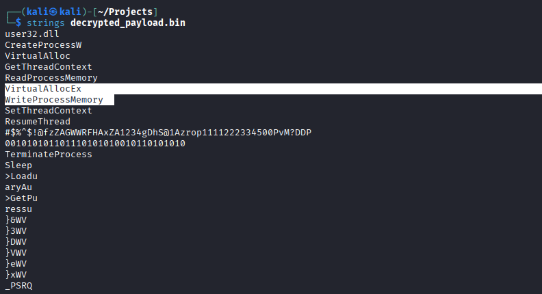 strings output on the decrypted payload showing the mangled LoadLibraryA and VirtualAllocEx/WriteProcessMemory fragments