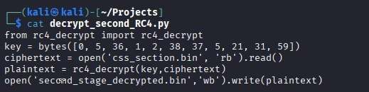 rc4_decrypt.py run against the full .CSS section producing a valid PE32