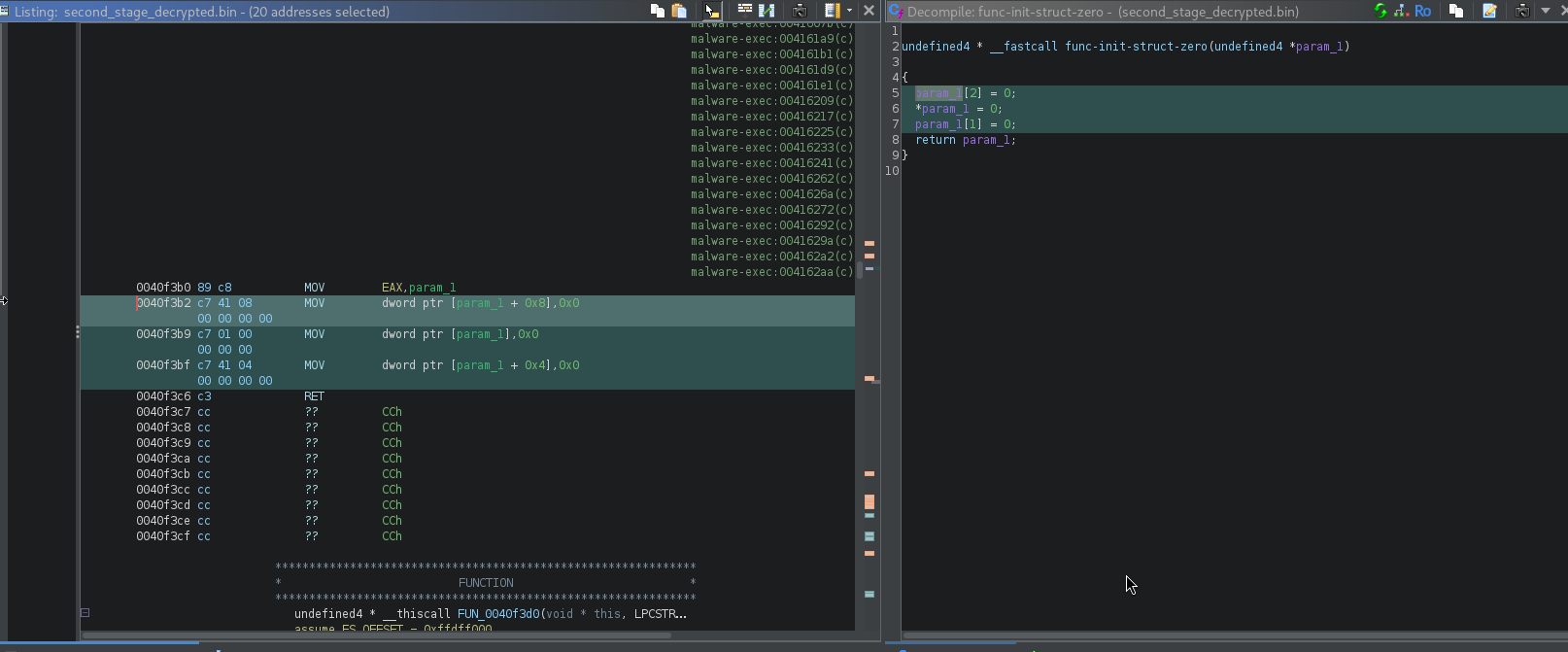 Ghidra listing and decompile of 0x0040f3b0 showing the three zero-field writes, auto-named func-init-struct-zero